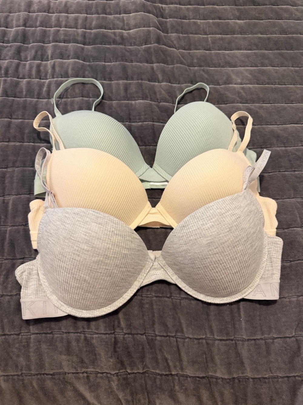 DANSKIN Three-Pack Ribbed Push-Up Bras — Sage, Cream & Gray